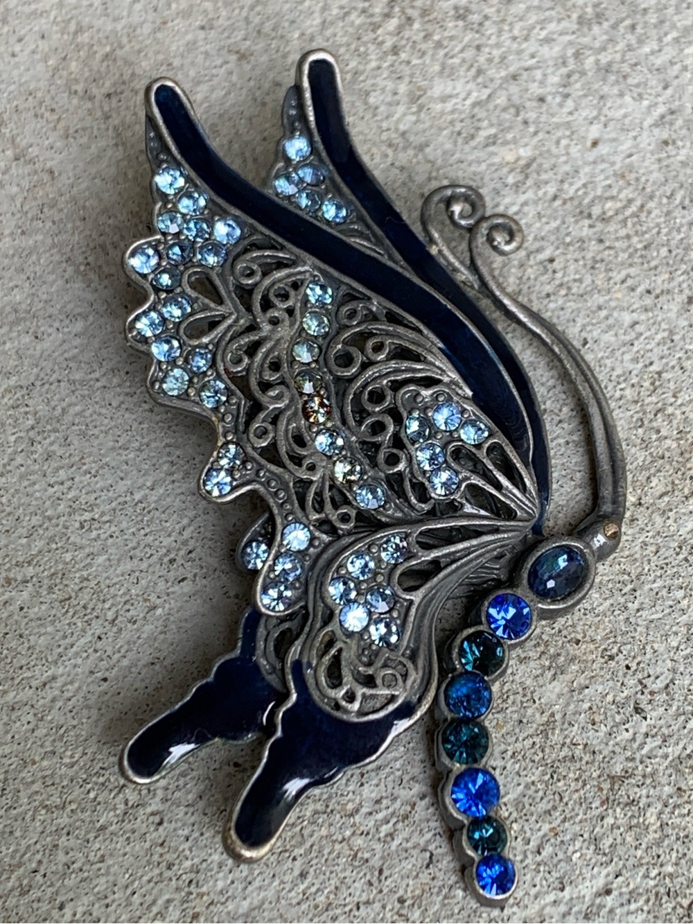 Vintage Navy Enamel Butterfly Brooch Blue Rhinestone Filigree Silver Tone Pin